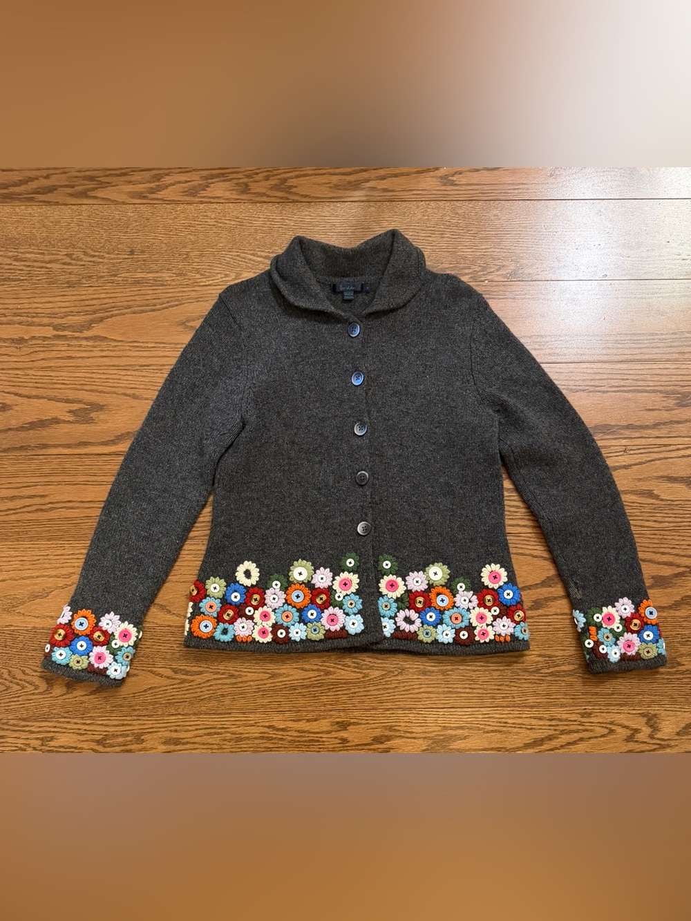 Boden Charcoal Knit Wool Sweater with Multicolor Buttons and Crocheted Flowers